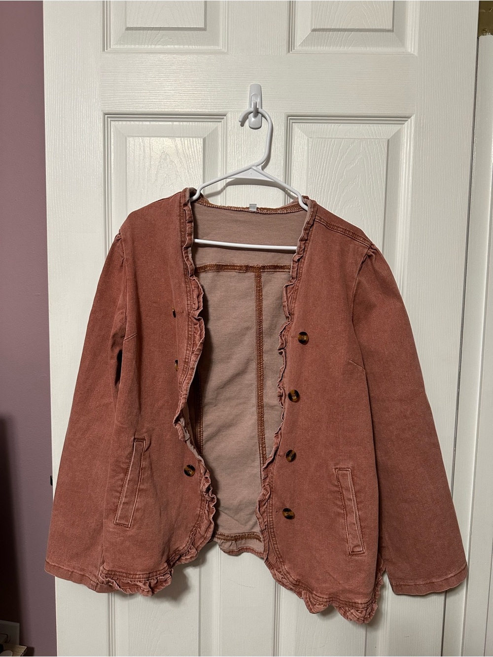 Cherry Betty Large NWOT Women’s Ruffle-Trim Dusty Pink Jacket Faux Buttons